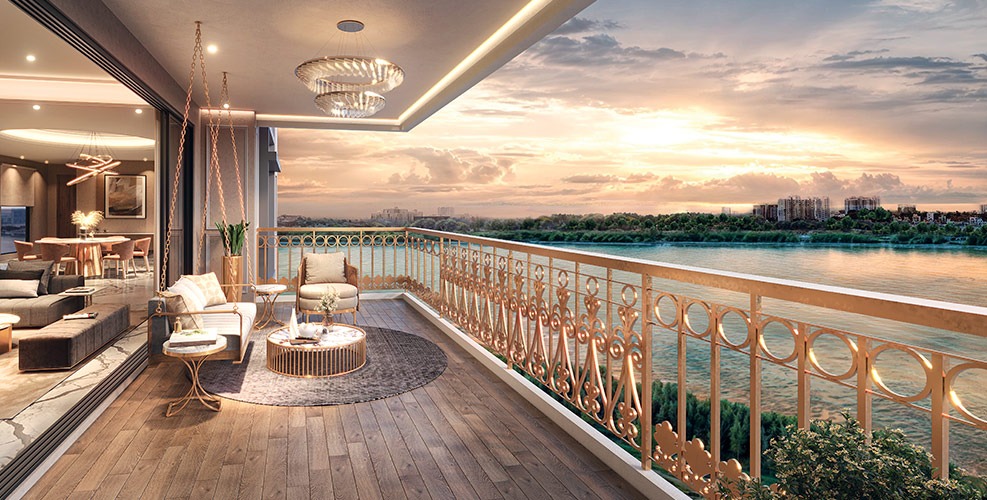 Luxurious balcony with lake view at Lodha Azur